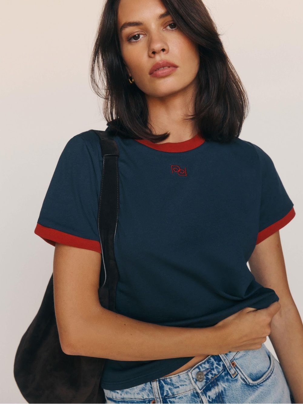 Reformation Navy Tee with Red Trim